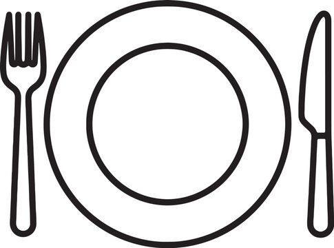 Place setting with plate fork and knife minimal line art icon for restaurant dining tableware cutlery dinnerware service utensil equipment design.