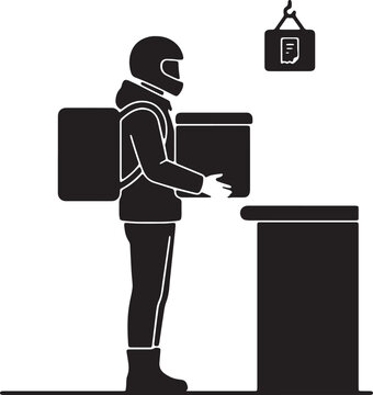 Delivery worker holding package near counter with receipt icon for logistics service courier transport shipping order fulfillment distribution system.