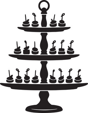 Three tier serving tray filled with appetizers snacks on sticks culinary display banquet food presentation catering decoration luxury dinner plate.