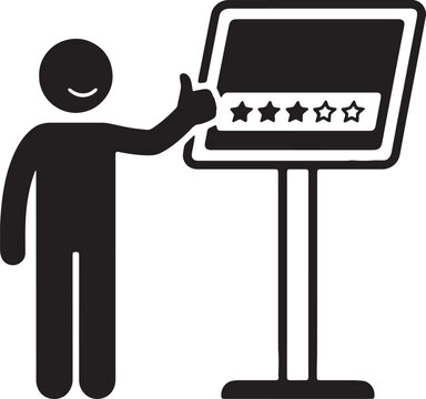 Customer giving thumbs up to review screen with star rating happy person satisfied with service feedback.
