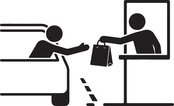 Service window exchange person giving bag to customer in car drive thru contactless pickup order delivery.