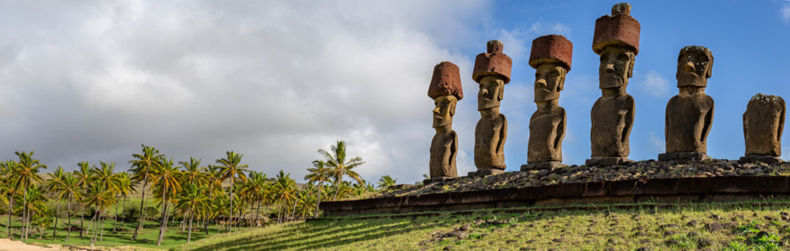 Panoramic view of Moai on Anakena Beach on Easter Island Rapa Nui