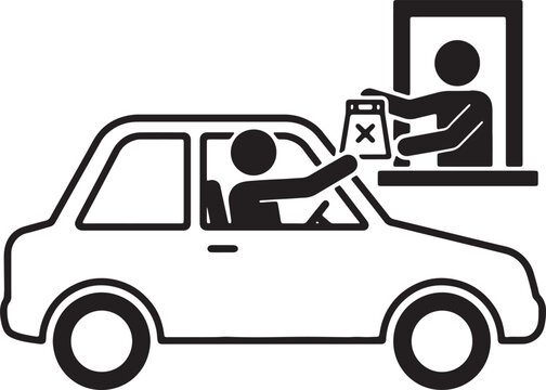 Drive thru window order pickup person in car accepting packaged meal from worker at restaurant window.