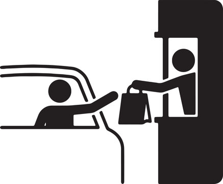 Drive thru service window transaction for food purchase or pickup person receiving bag through car window.
