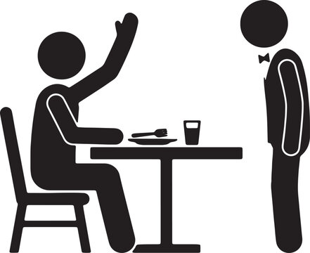 Person sitting at restaurant table raising hand to call waiter for service simple black vector illustration.