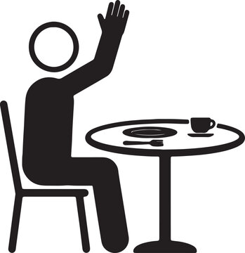 Person sitting at table raising hand to call for service at restaurant or cafe simple black vector illustration.
