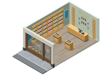 Fototapeta premium Isometric wine shop interior with bottle shelf, retail counter and display rack, showing elegant cellar style store environment and premium beverage sale concept for commerce and tasting