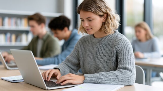 Female student with wavy blonde hair wearing a gray sweater uses a laptop at a study table in a modern classroom with bookshelves in the background