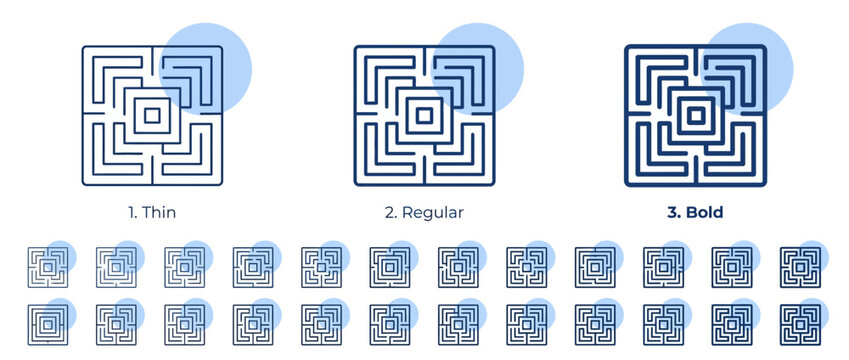 A collection of square maze icons featuring various line weights and styles.