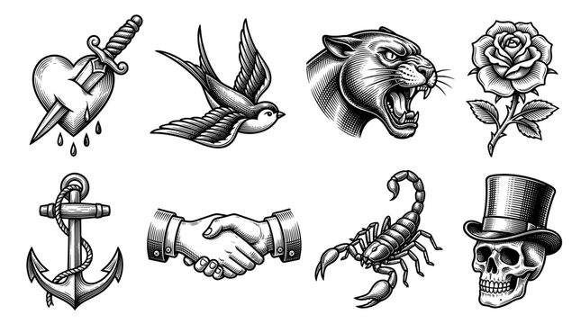 Vintage Old School Tattoo Flash Set in Engraving Style, Black and White Vector Illustrations of Skull, Anchor, Panther, Rose, Heart with Dagger, and Swallow