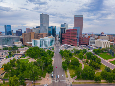 Denver modern skyline aerial view on Lincoln Street in downtown Denver, Colorado CO, USA. 