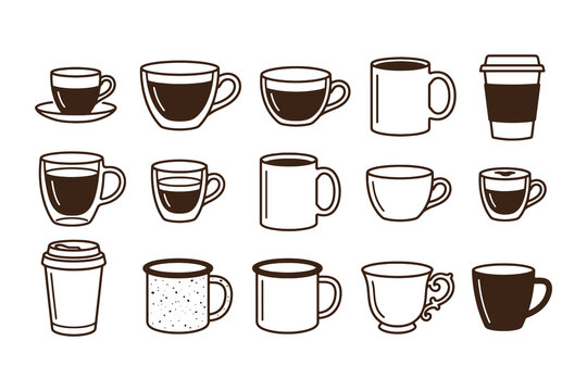 Set of coffee cup icons vector illustration of mugs and cups tea and hot beverages espresso cappuccino latte mocha drink cafe symbols silhouette design black kitchen art