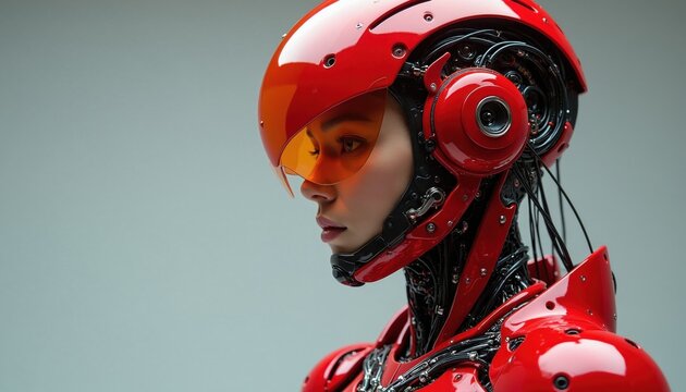 Red female robot with visor and detailed mechanics. Futuristic android with red accents and exposed wiring. AI machine with cybernetic design, advanced tech prototype.