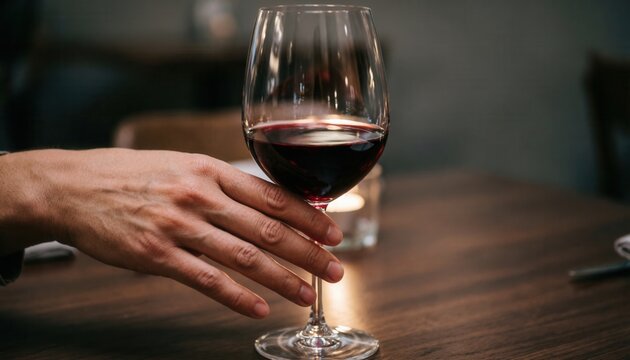 Human hand reaching for a glass of red wine on a wooden table making a stop gesture to refuse alcohol consumption in a dimly lit cozy restaurant interior.