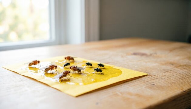 Yellow sticky glue trap paper covered with trapped fruit flies and tiny black fungus gnats on wooden table, natural sunlight, household pest control and insect infestation management indoors.