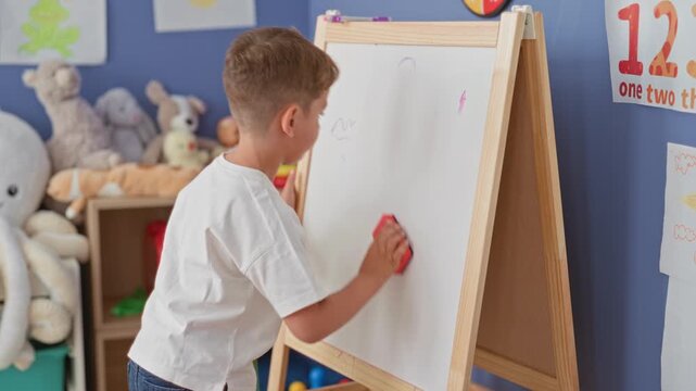 Boy erasing whiteboard with red eraser while standing at wooden easel, surrounded by stuffed toys and number chart in building classroom; concentration learning.