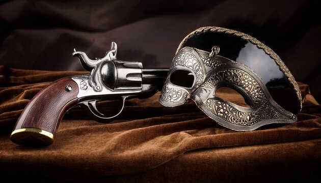 antique flintlock pistol and black mask arranged on faded velvet fabric historical still life