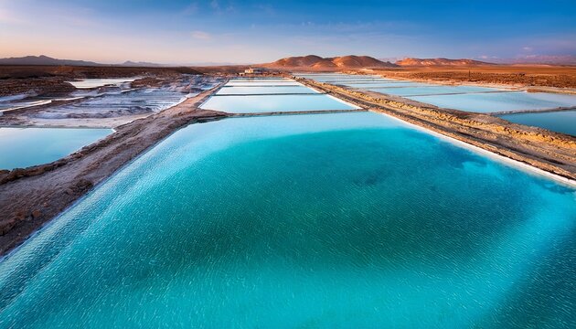 industrial evaporation ponds with turquoise water in desert salt and minerals extraction for lithium production remote mining facility landscape