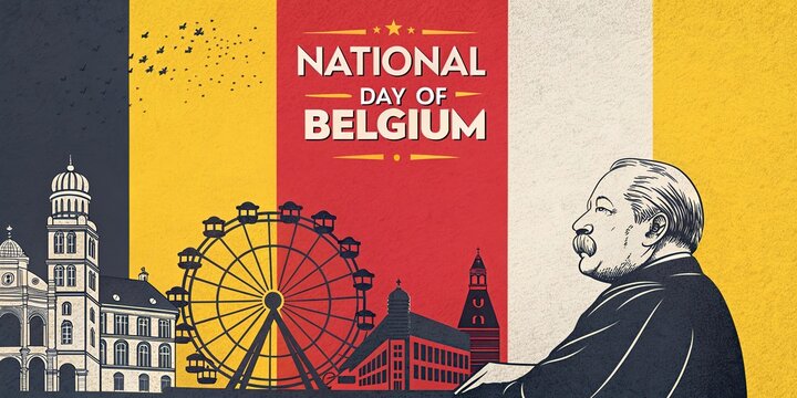 Belgium National Day Celebration Poster with Landmarks Ferris Wheel and Festive Parade