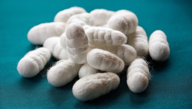 white silkworm cocoons gathered in pile on clean surface natural silk production start insect larvae create silk fiber for fabric industry moth pupae stage