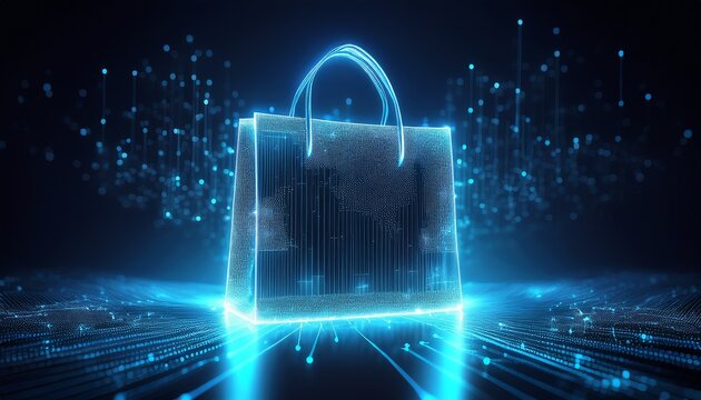 abstract digital shopping bag made of glowing blue lines and particles on dark background futuristic e commerce concept for online retail and digital commerce