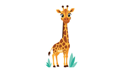 Fototapeta premium Adorable cartoon giraffe standing with a friendly smile on a clean white background with small green grass patches.