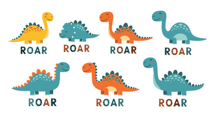 Fototapeta premium Collection of various cute cartoon dinosaurs including a triceratops and long-neck species for children's books.