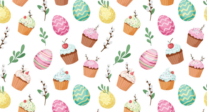 Seamless pattern with decorated easter eggs and sweet cupcakes with pink and white frosting and cherry on a white background.