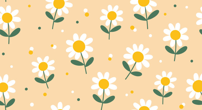Seamless pattern of simple white daisy flowers with green stems and leaves scattered on a warm peach background with dots.