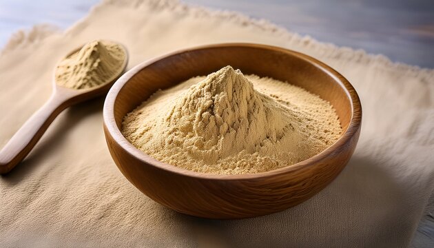 a shallow wooden bowl filled with fine pale yellow maca powder and a spoon