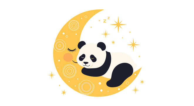 Adorable panda bear sleeping on a yellow crescent moon surrounded by twinkling stars and a soft white background.