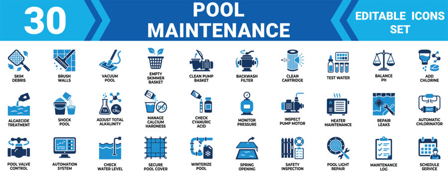Set of 30 flat blue pool maintenance icons for cleaning and service tasks in professional design Minimal solid fill icon set bundle collection. Editable Vector Illustration Mega pack