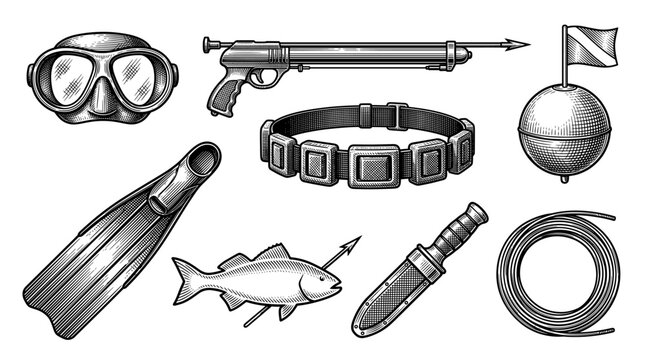 Vintage Spearfishing and Diving Equipment Set Vector Illustration in Engraved Style featuring Speargun Mask Flipper Knife and Buoy