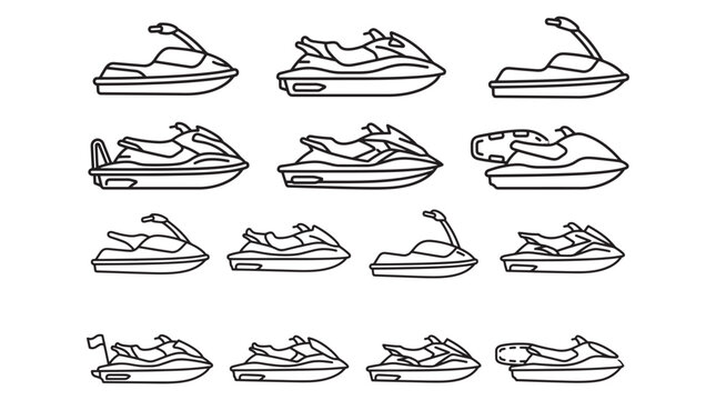 Jet Ski Icons and Personal Watercraft Line Drawings Set Showing Multiple Angles for Water Sports Design