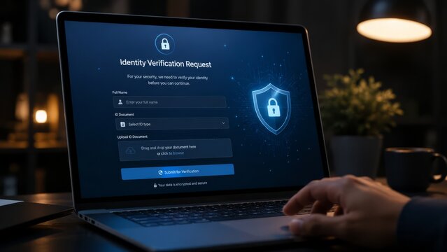 Identity verification request on laptop screen. Photorealistic indoor scene.
