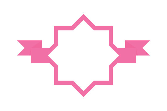 Blank octagram star shaped frame template with a pink ribbon banner. Cartoon vector illustration isolated on white background.