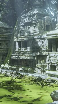 A group of explorers examines the ruins of an ancient temple covered in moss and surrounded by greenery. Sunlight filters through the trees, lighting up the scene.