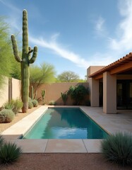 Fototapeta premium Modern desert backyard oasis features clear blue swimming pool. Tall saguaro cactus and desert plants surround tranquil water area. Inviting patio with covered roof completes serene home setting.