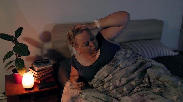 Overweight Scared Senior Woman Waking Up from Nightmare in Dark Bedroom
