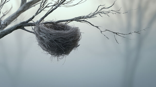 Close up of an empty bird nest on a winter tree branch with foggy background