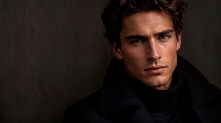 Fototapeta premium AI-generated editorial-style portrait of a handsome young man wearing a sophisticated dark coat and black turtleneck. Dramatic lighting, confident expression, and a minimalist dark background create a