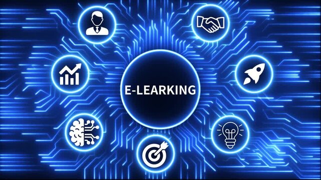 e-learning icon surrounded by smaller icons for ai manufacturing strategy. A glowing neon, and manufacturing process management all connected in a digital circuit like pattern, 4k video 