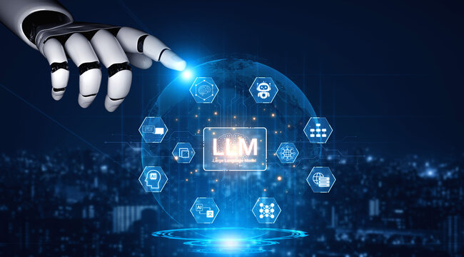 Large Language Model LLM processing data. Represents deep text learning, natural language processing NLP AI tech, transformer architecture, and generative AI deep learning future technology. Corpus
