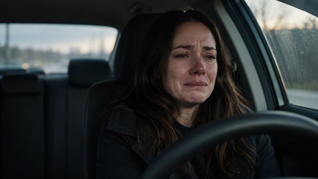 Woman crying alone in parked car. Photorealistic emotional scene.
