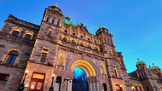 Victoria, BC, Canada &ndash; June 30, 2026: Illuminated British Columbia Parliament Buildings main entrance at twilight
