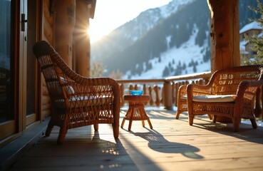 Fototapeta premium Wooden terrace of mountain lodge with wicker chairs offers scenic snowy mountain view. Sun shines brightly on empty patio. Relaxing winter resort scene.