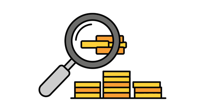 Magnifying glass over gold coins stack.