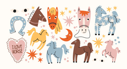Obraz premium Pegasus and magic horse pets in retro cartoon style. Mythical elements: winged horses, stars, clouds. Enchanted pony collection with fantasy creatures, dreamy accents and playful mystical motifs