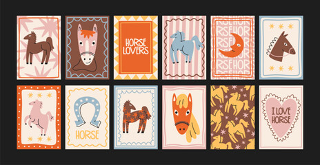 Obraz premium Pegasus and magic horse posters in retro cartoon style. Mythical postcards: winged horses, stars, clouds. Enchanted pony collection with fantasy creatures, dreamy accents and playful mystical motifs