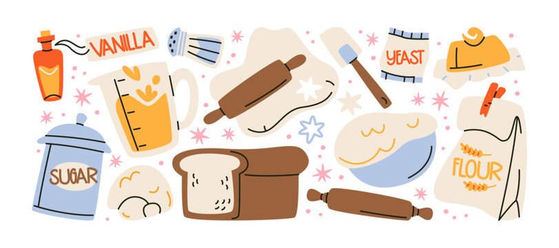 Baking cartoon stickers, bread making doodles with flour, dough, yeast, rolling pin, vanilla, homemade bakery ingredients and pastry elements for bakery branding and recipe designs